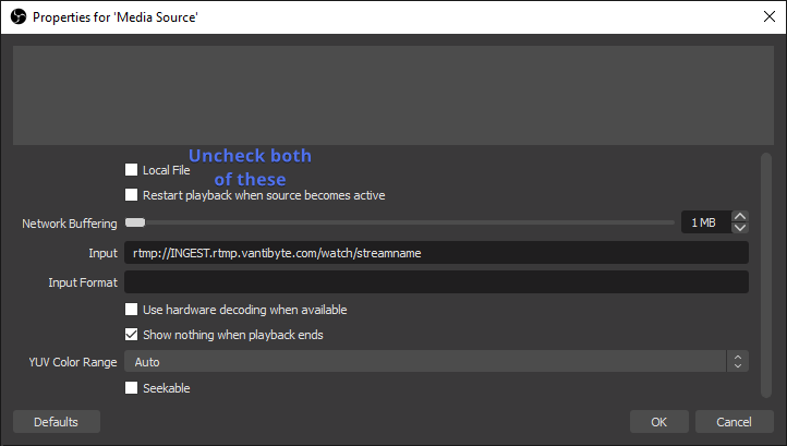 OBS Media source settings, with the RTMP stream URL entered