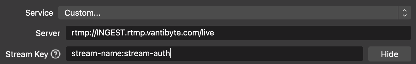 OBS Stream settings page, with the server name and stream key set